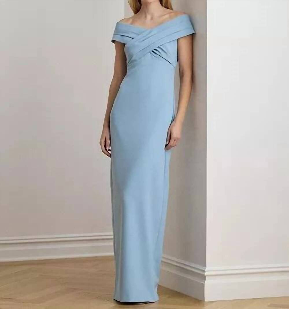 NEW RALPH LAUREN crepe off-the-shoulder gown in blue